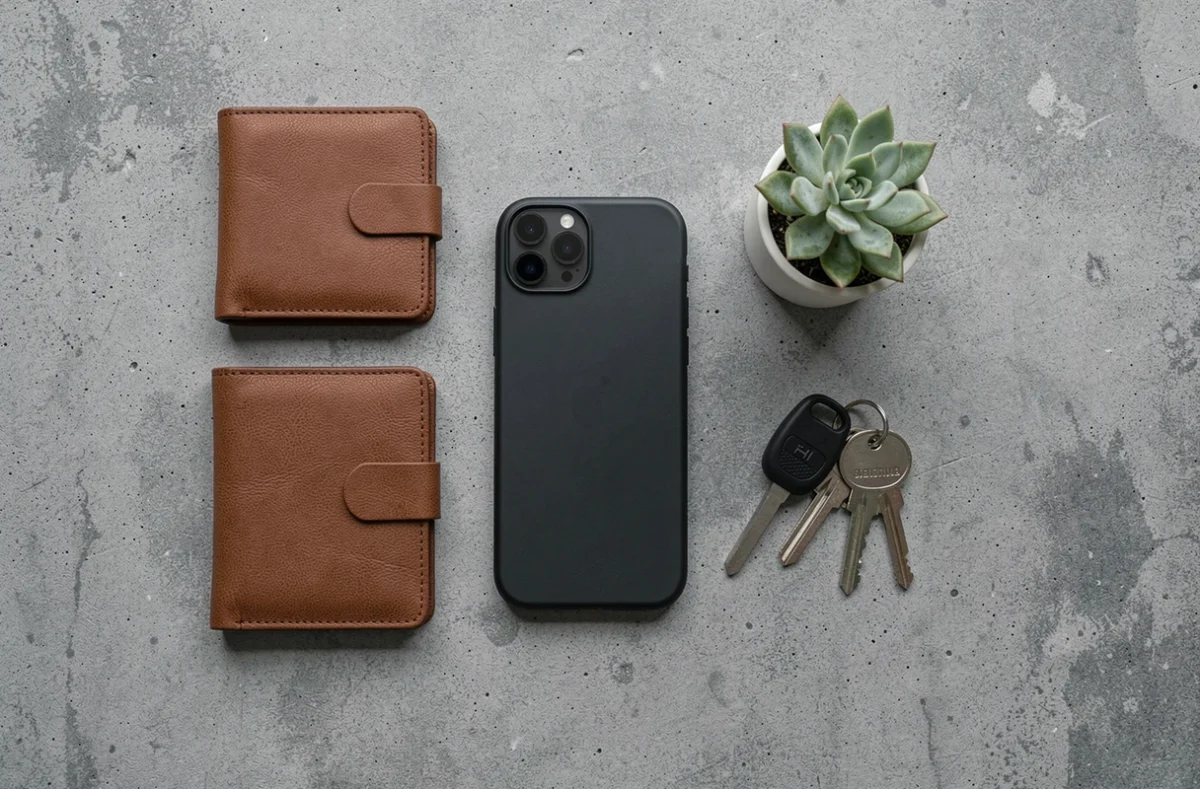 Flat lay d'un iPhone 14 Plus dans une coque fine noire mate posé sur du béton avec un portefeuille et des clés