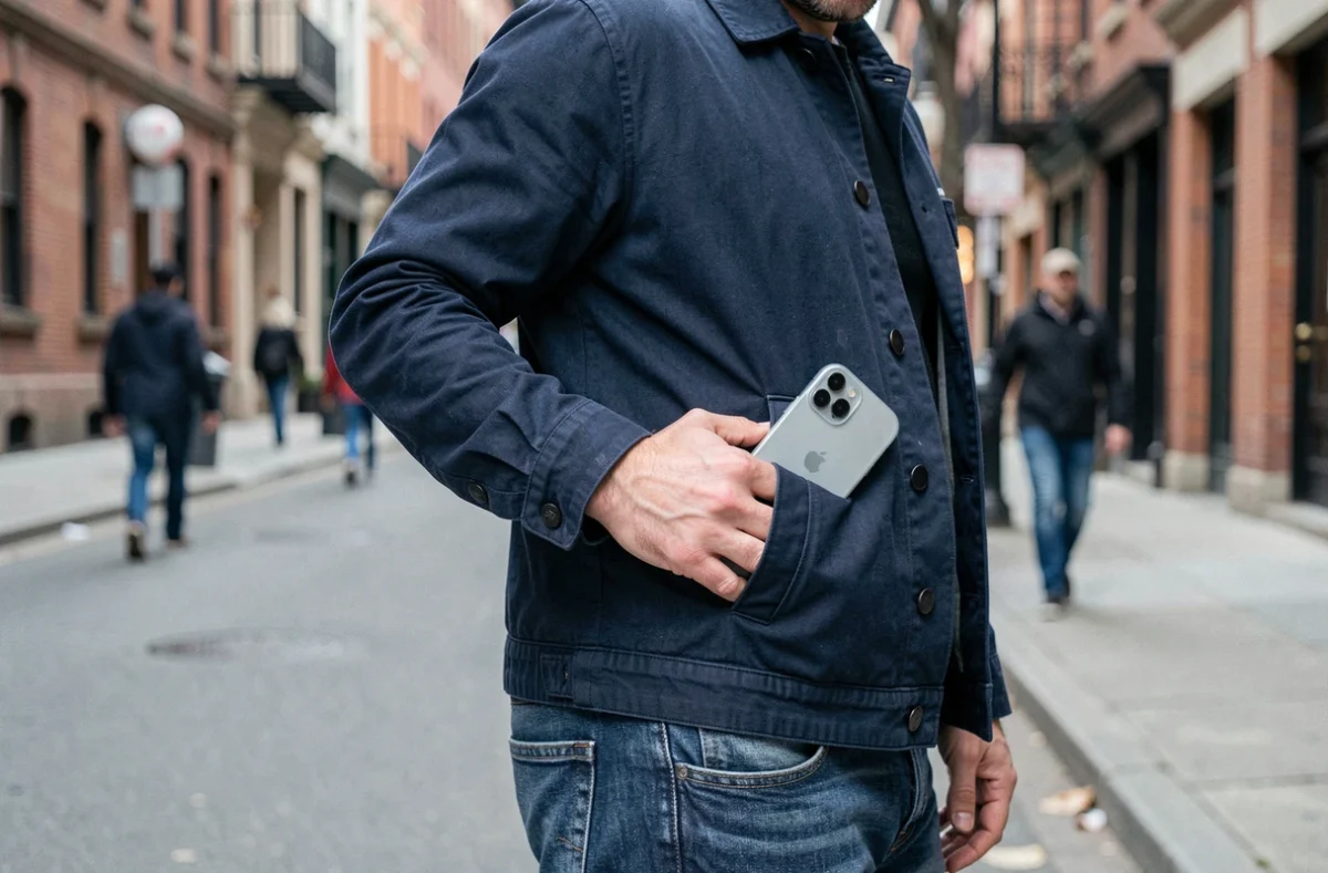 Homme glissant un iPhone 14 Plus avec une coque fine givrée dans sa poche de jean dans une rue urbaine