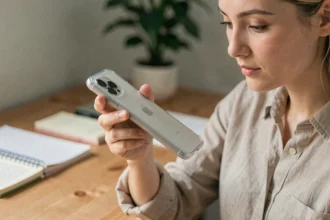 Femme tenant un iPhone 14 Plus avec une coque fine transparente au-dessus d'un bureau en bois dans un bureau moderne