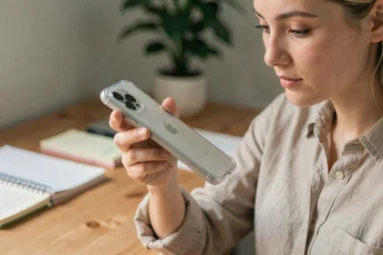 Femme tenant un iPhone 14 Plus avec une coque fine transparente au-dessus d'un bureau en bois dans un bureau moderne