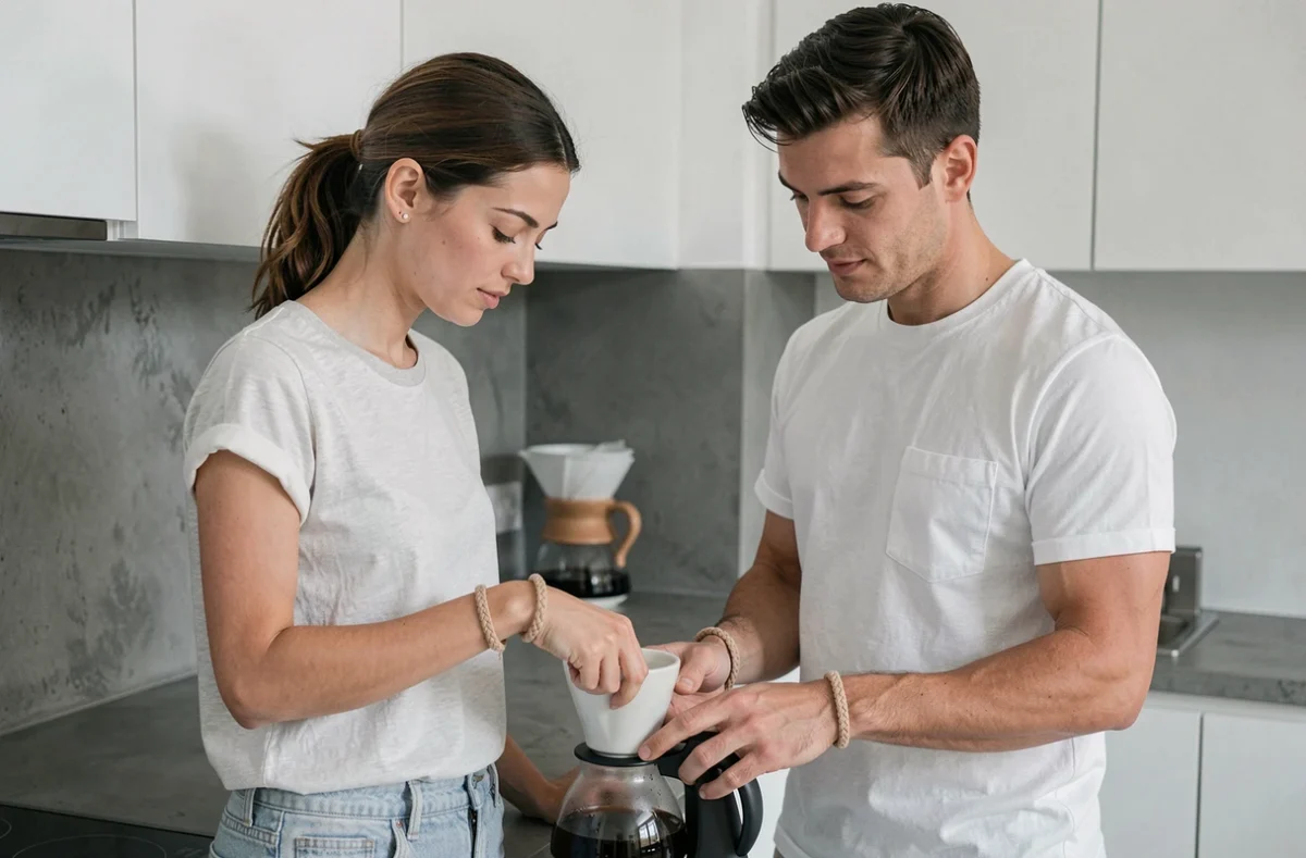 Couple portant des bracelets en cordon assortis dans une cuisine minimaliste moderne un matin de weekend