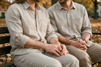Couple discret portant des bracelets assortis minimalistes assis sur un banc de parc en automne