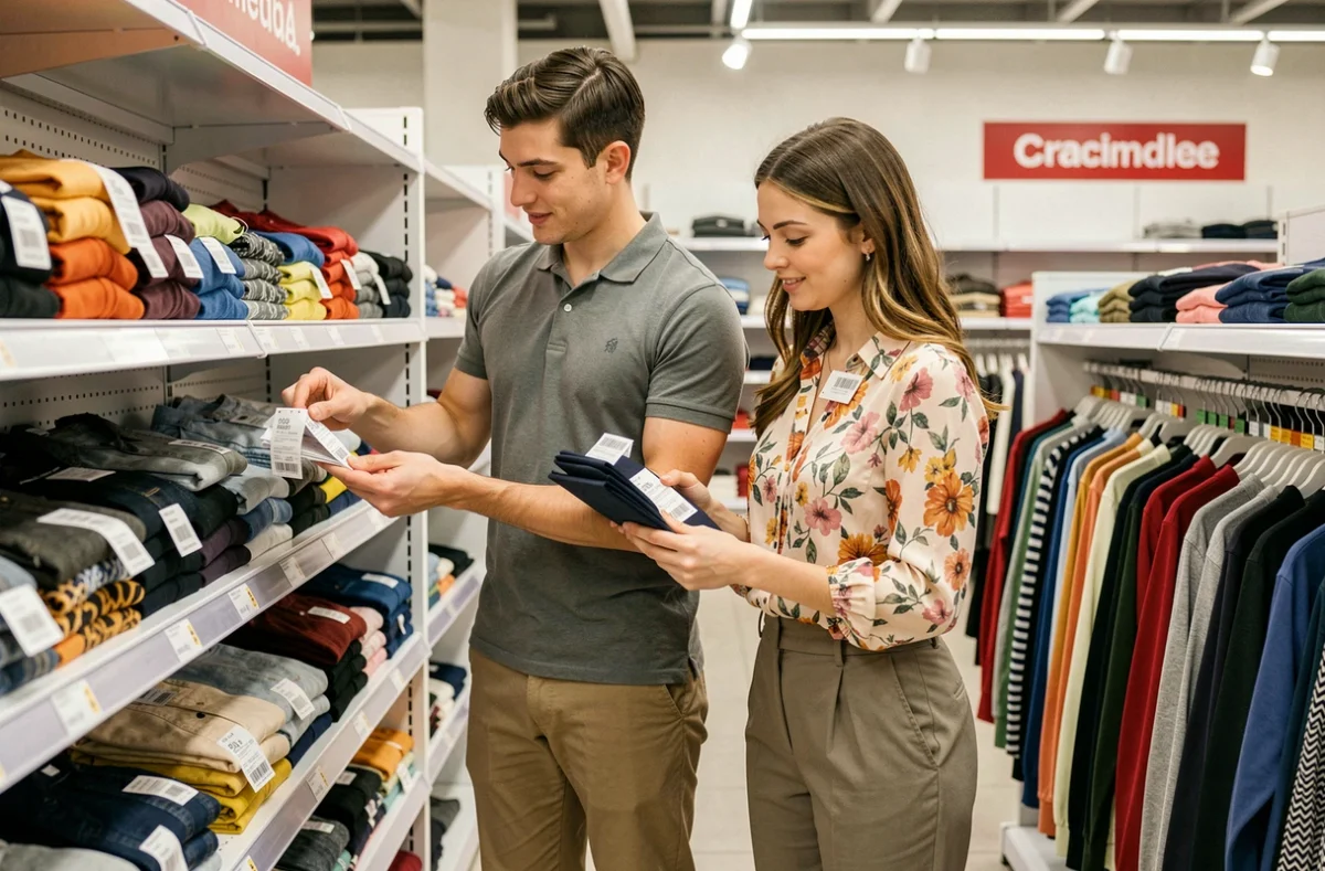 Couple comparant des étiquettes de prix sur des vêtements abordables dans un magasin Kiabi