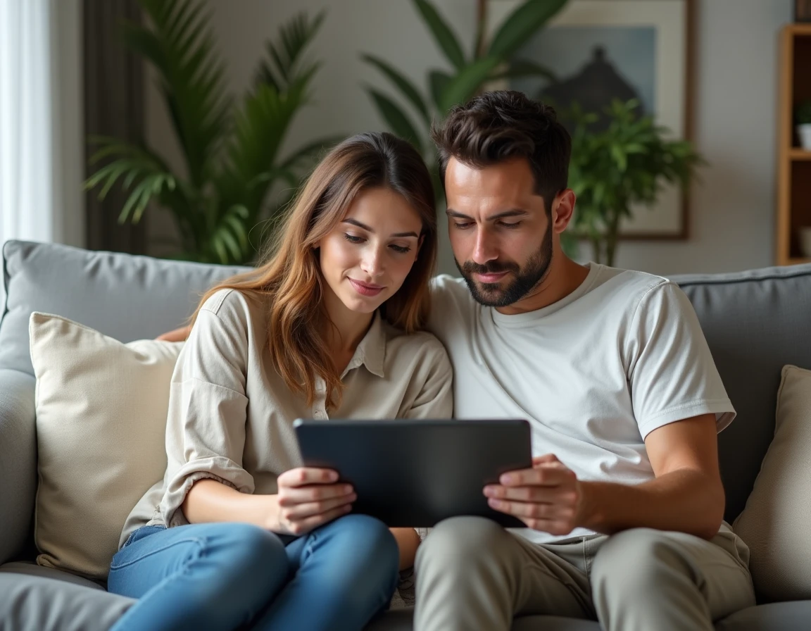 Couple découvrant une plateforme de divertissement en abonnement sur une tablette dans leur salon