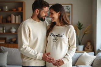 Couple portant des pulls personnalisés assortis avec inscription 'Bientôt 3' pour annoncer une grossesse dans un salon cosy