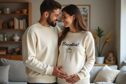 Couple portant des pulls personnalisés assortis avec inscription 'Bientôt 3' pour annoncer une grossesse dans un salon cosy
