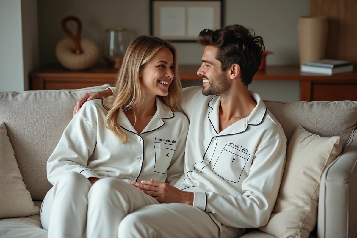 Jeune couple en pyjamas personnalisés dans un salon chaleureux
