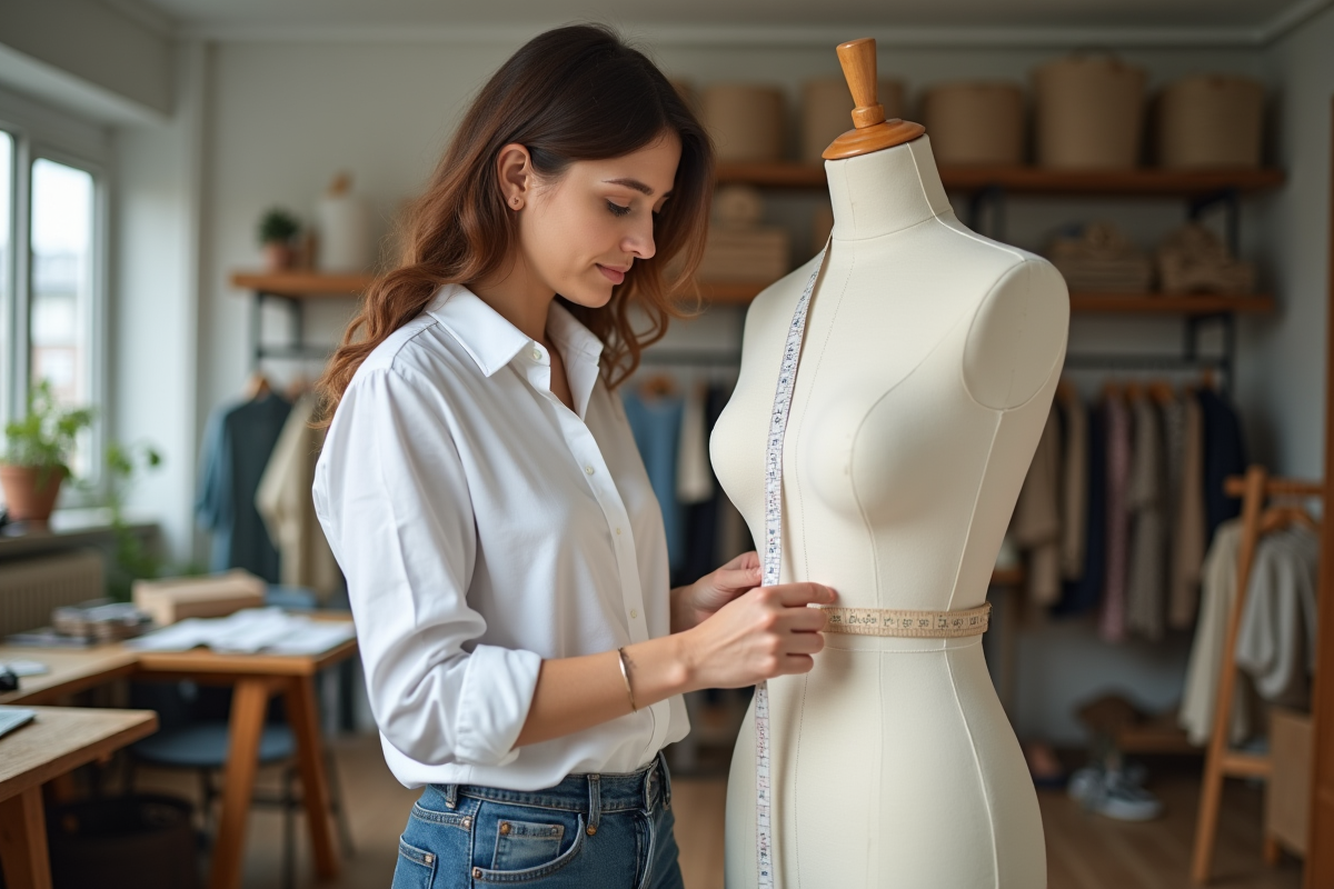 Couturière professionnelle mesurant une robe en studio lumineux