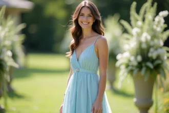 Demoiselle d'honneur en robe bleu pastel posant avec confiance dans un jardin fleuri lors d'un mariage