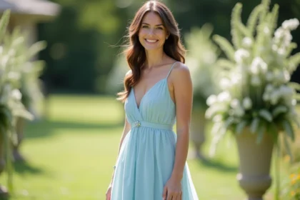 Demoiselle d'honneur en robe bleu pastel posant avec confiance dans un jardin fleuri lors d'un mariage