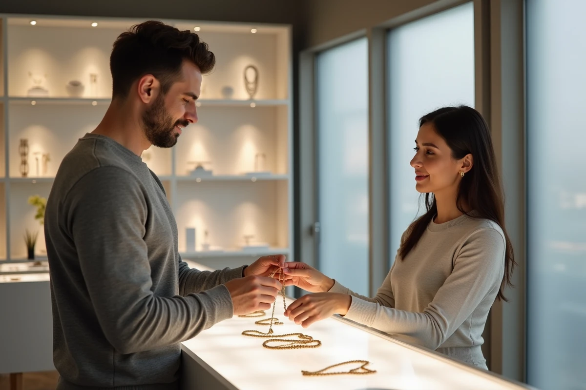 Designer bijoutier présentant un collier en plaqué or à une cliente dans une boutique contemporaine