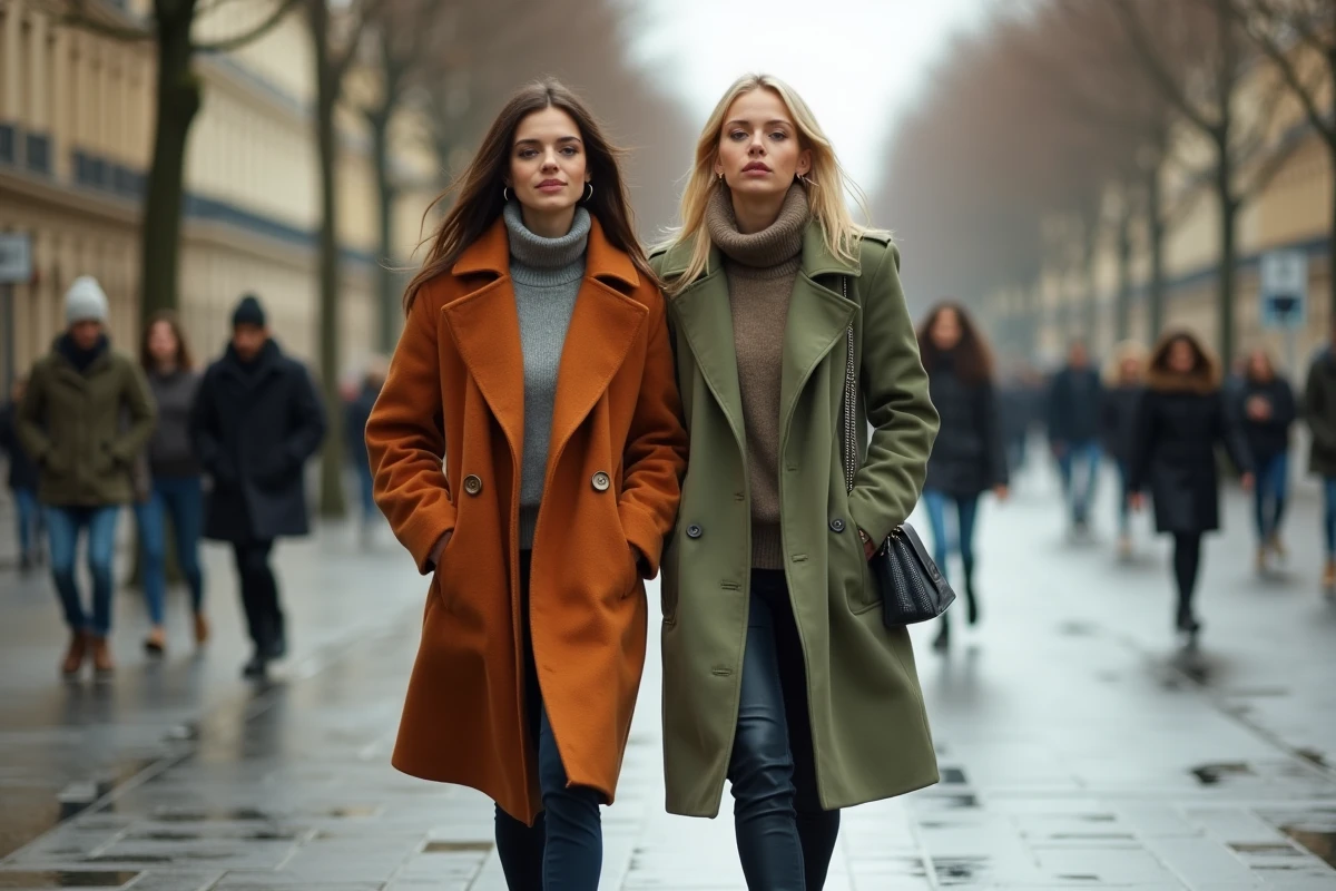 Deux femmes en manteau tendance marchant sur boulevard parisien shooting urbain style Anna Dray 2026