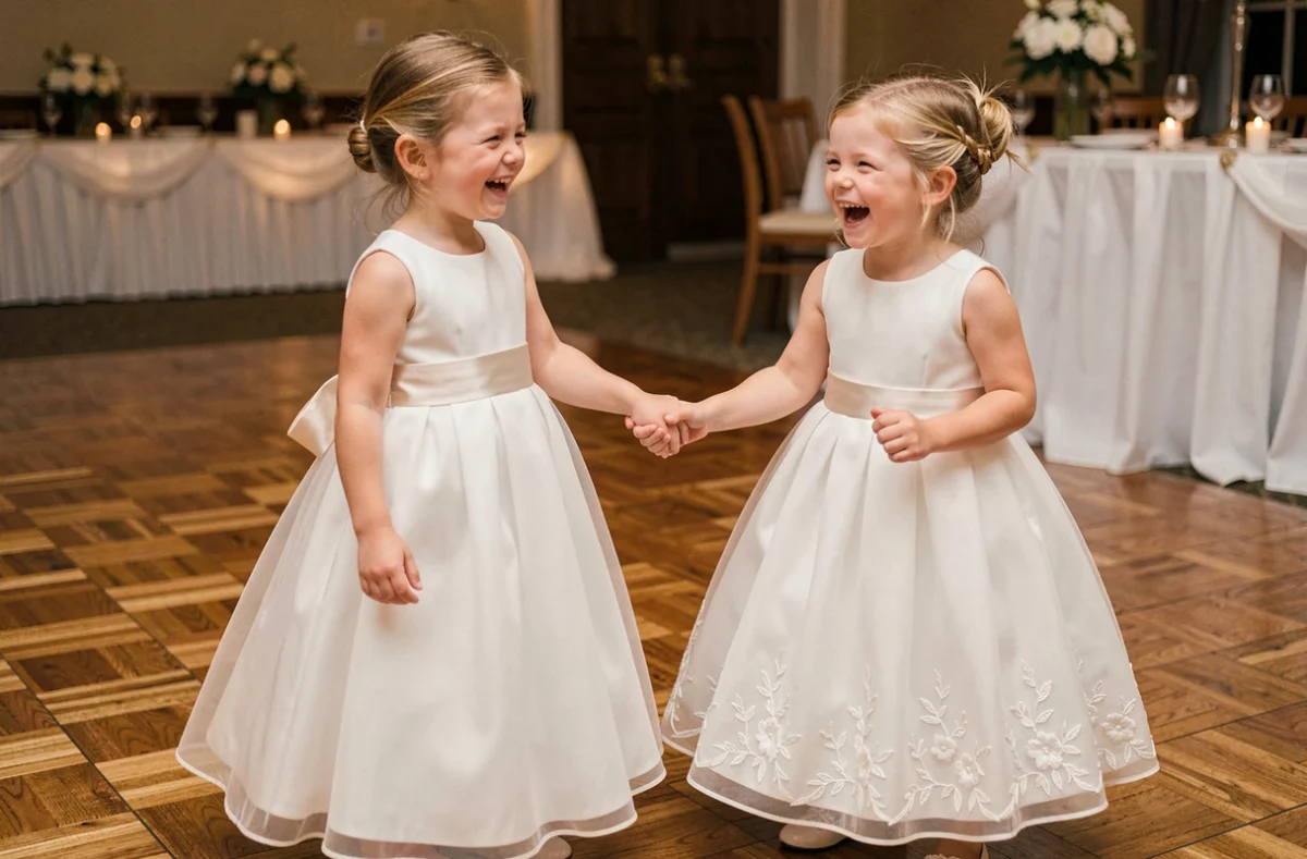Deux fillettes en robes blanches de cérémonie coordonnées riant dans une salle de réception de mariage chic