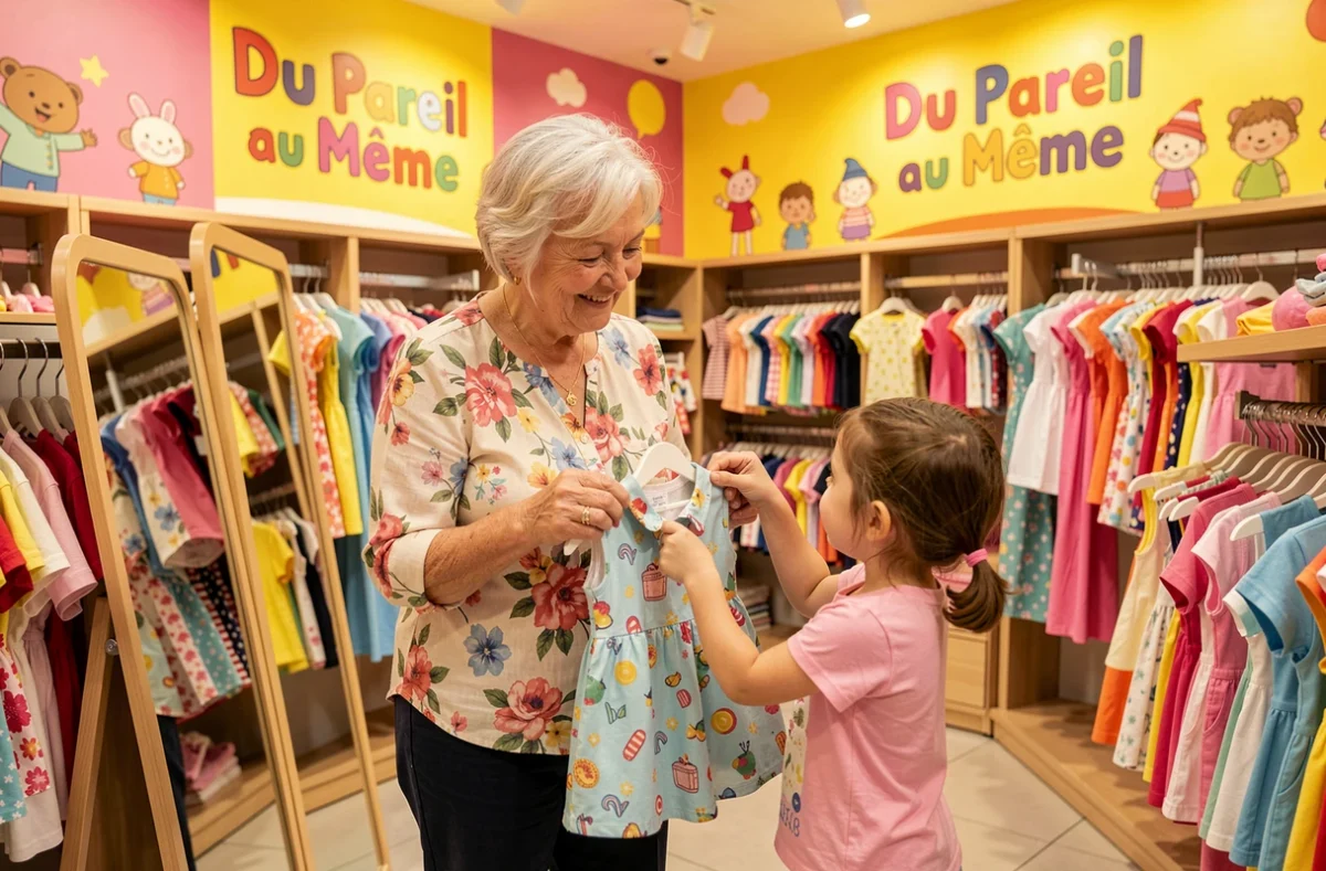 Grand-mère et petite-fille dans le magasin Du Pareil au Même à Rosny-sous-Bois regardant une robe