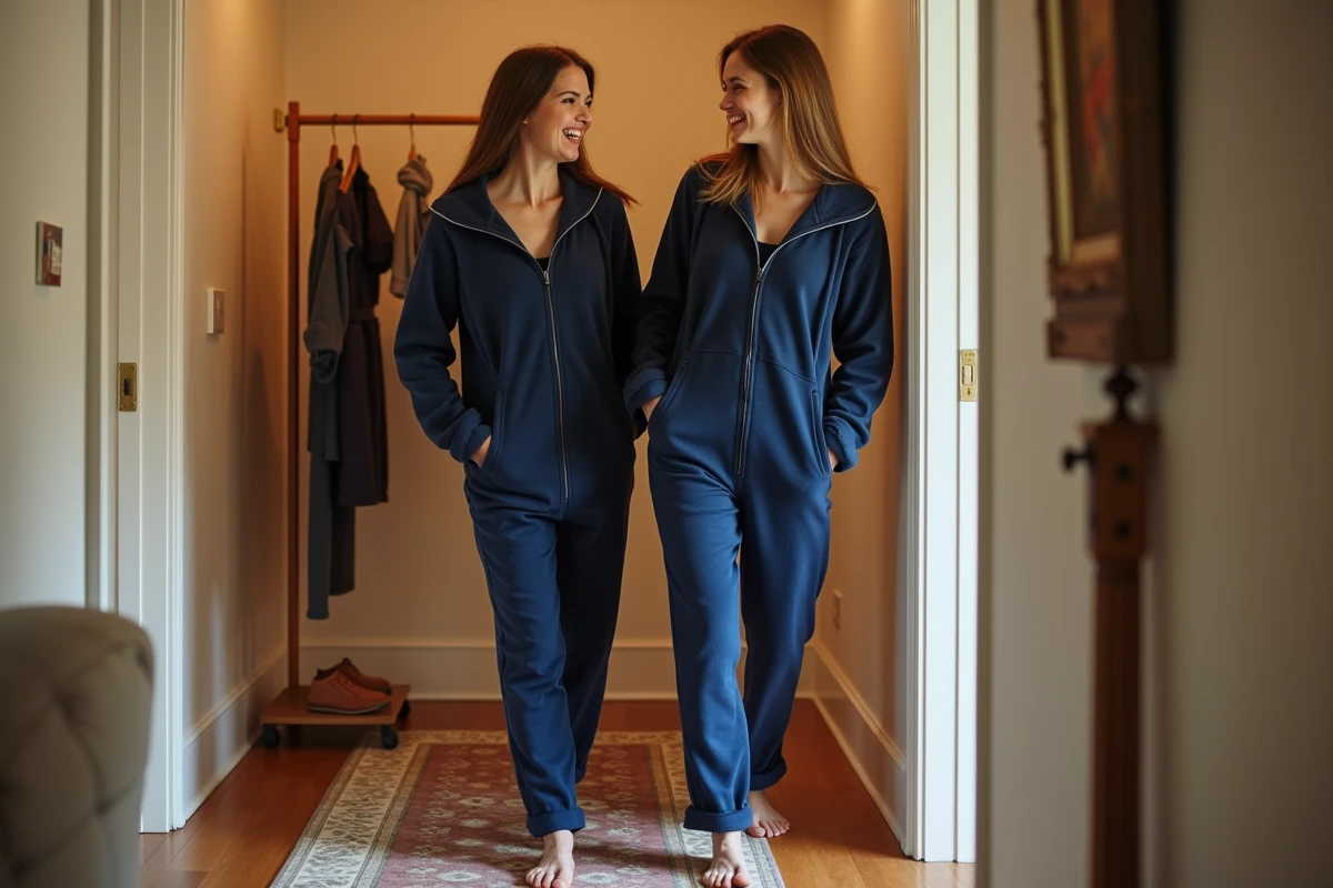 Deux femmes dans un couloir, l'une aidant l'autre à enfiler une grenouillère bleu marine