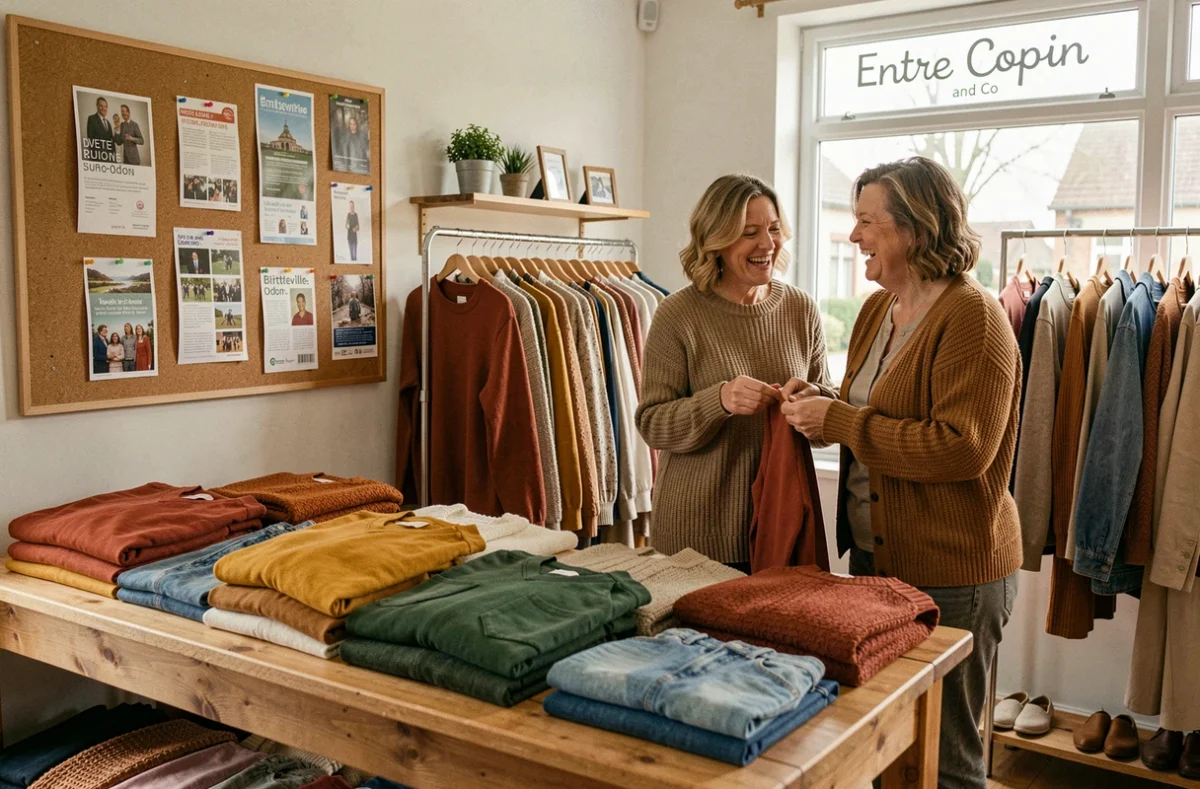 Intérieur chaleureux de la boutique Entre Cop'in and Co à Bretteville-sur-Odon avec deux clientes qui rient en parcourant les vêtements féminins automnaux