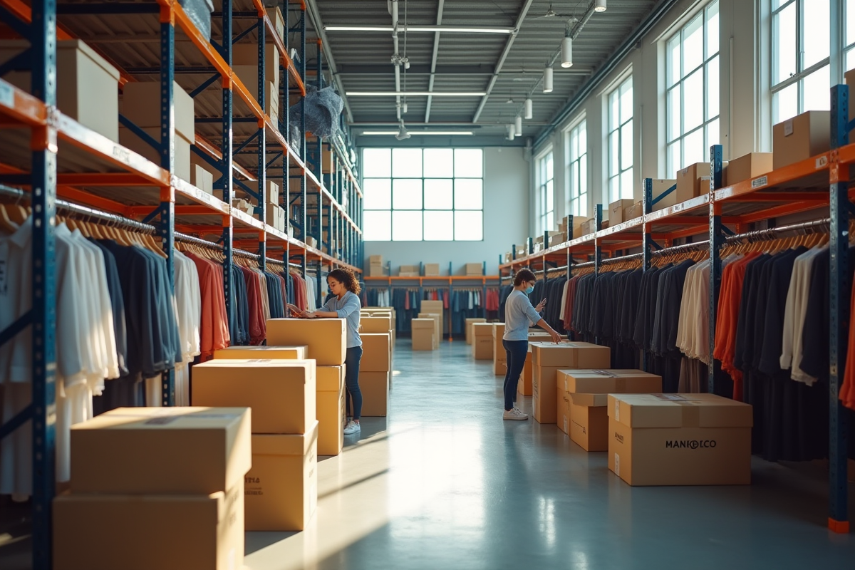 Entrepot de vêtements Mangobranded bien organisé