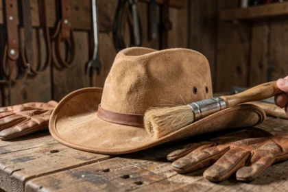 Chapeau cowboy western en cuir tanné posé sur un établi en bois rustique avec une brosse à poils doux pour l'entretien