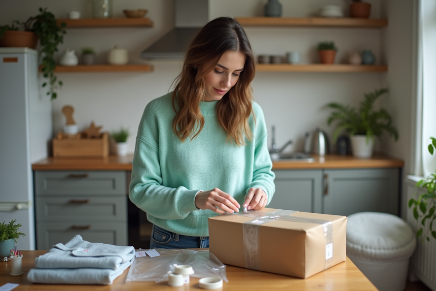 Jeune femme scelle un colis à la maison pour l'envoi