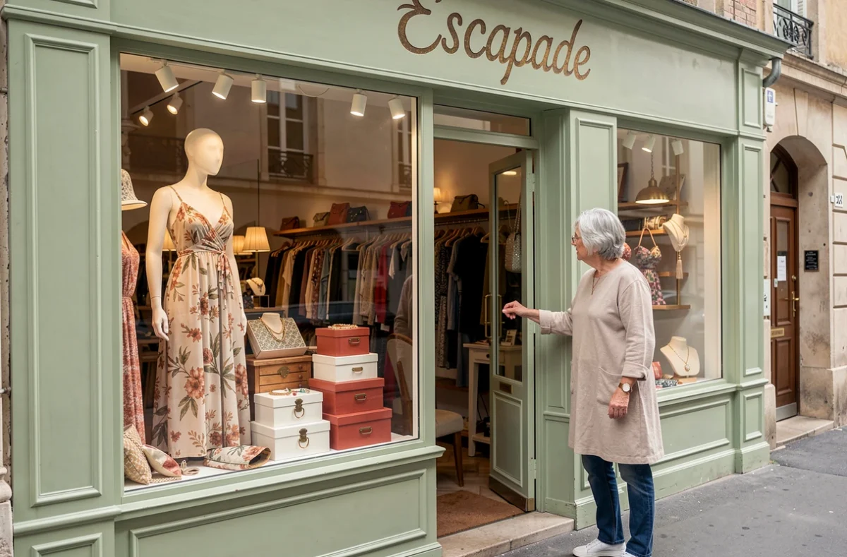 Façade de la boutique Escapade à Caen en vert sauge, vitrine boho avec mannequin en robe fluide et une cliente entrant dans la boutique
