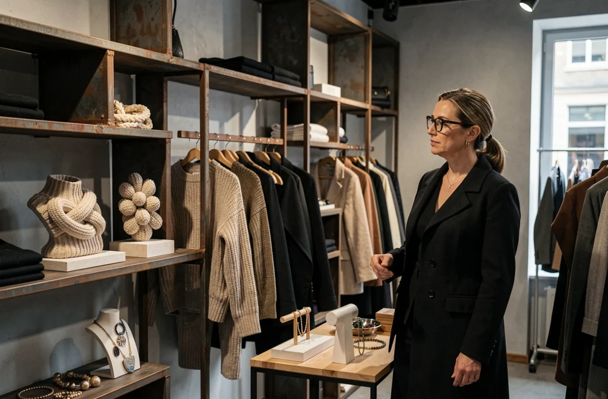 Intérieur artistique de la boutique Essence à Caen avec pièces de mode originales sur étagères en métal et bois, propriétaire à l'allure avant-gardiste