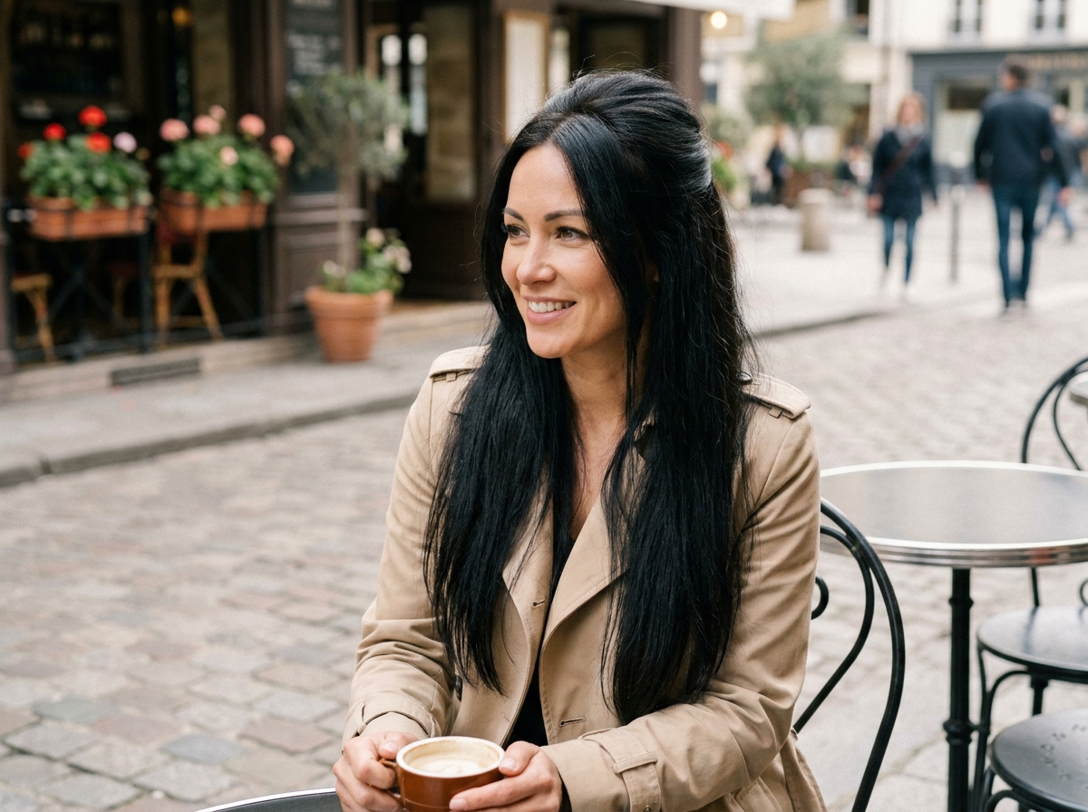Femme avec extensions de cheveux halo portant un demi-chignon en terrasse de café parisien, look naturel et volumisé au quotidien
