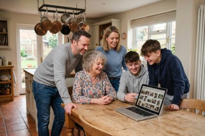 Famille multigénérationnelle réunie autour d'un ordinateur portable pour choisir des activités ensemble