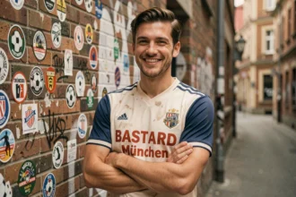 Fan portant le maillot culte Bastard München devant un mur urbain couvert de stickers de football