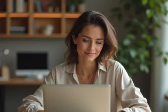 Femme naviguant sur un site d'abonnement en ligne depuis son bureau à domicile