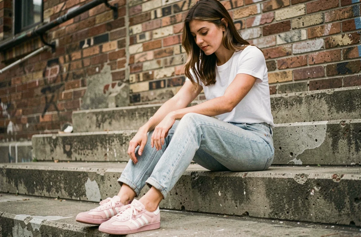 Jeune femme assise sur des escaliers en béton portant des Adidas Samba Rose rose poudré avec un jean et un t-shirt blanc