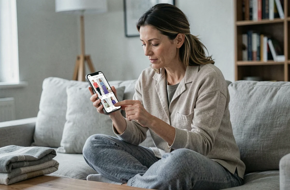 Femme d'âge moyen utilisant une application mode sur smartphone pour profiter des promotions Kiabi depuis son canapé