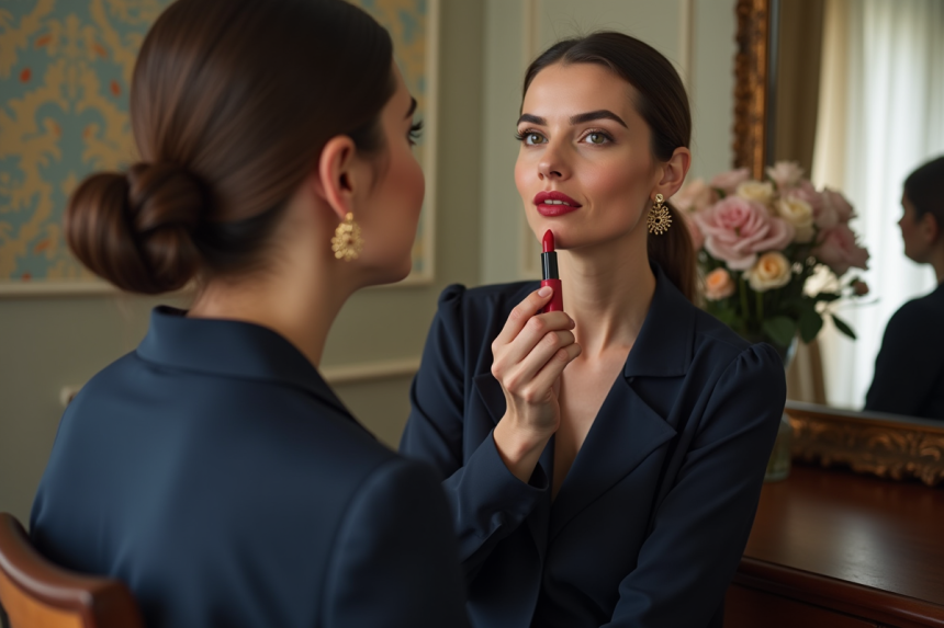 Femme appliquant du rouge à lèvres rouge avec élégance