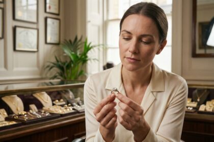 Femme examinant une bague de luxe d'occasion en diamant dans une boutique de bijoux vintage