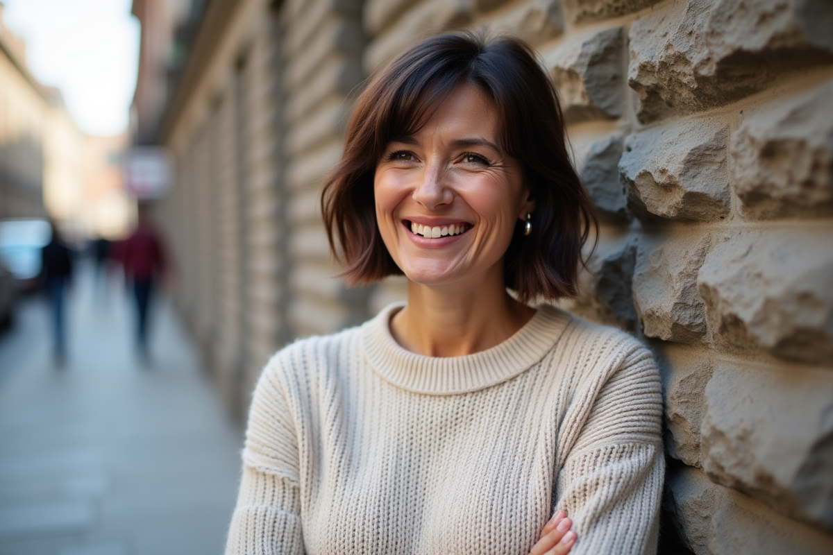 Femme rieuse avec coupe textured bob en extérieur urbain