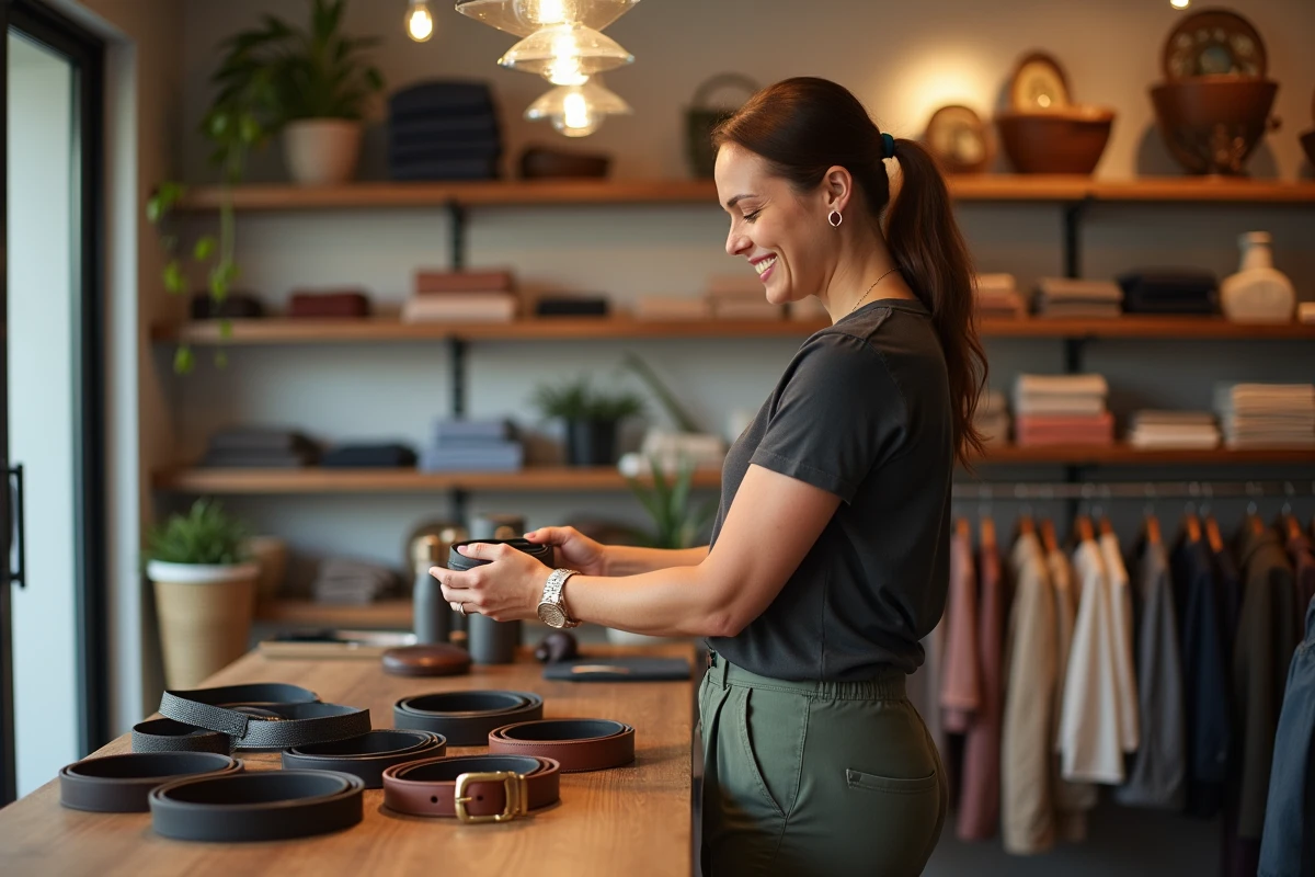 Femme souriante examinant des ceintures dans une boutique