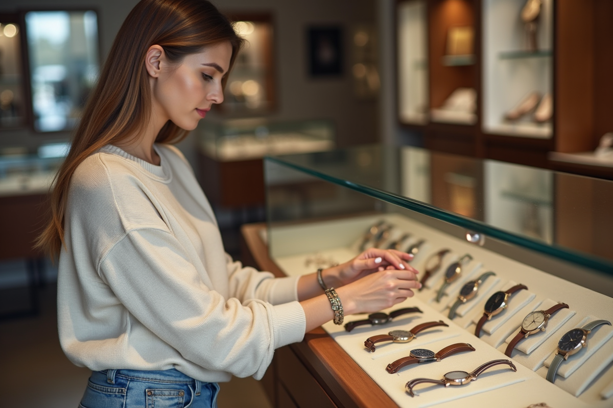 Jeune femme compare deux montres dans une bijouterie chic