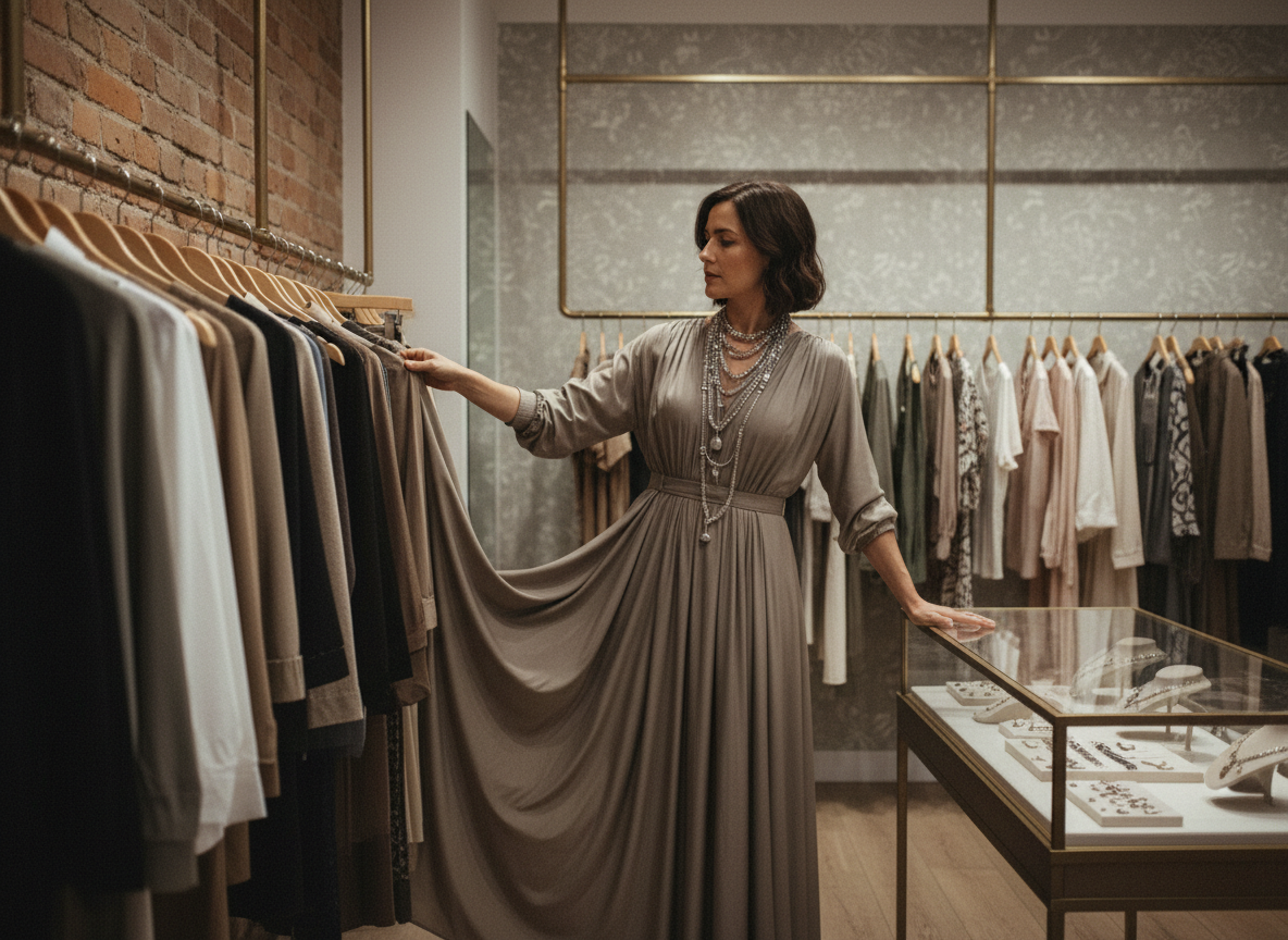 Femme en robe taupe parcourant une boutique avec bijoux et murs en briques