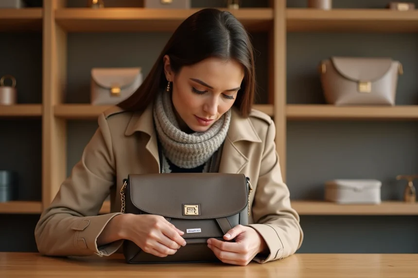 Femme examinant un sac de luxe dans une boutique élégante
