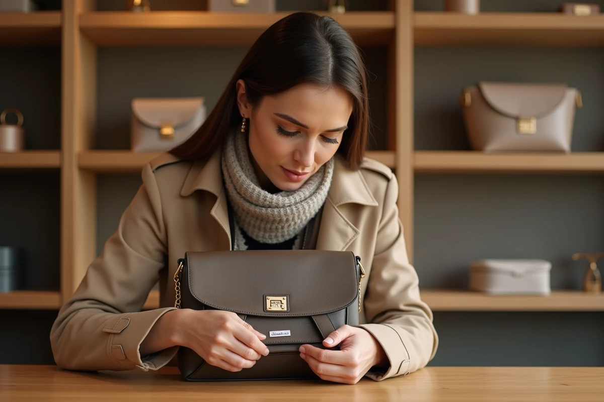 Femme examinant un sac de luxe dans une boutique élégante