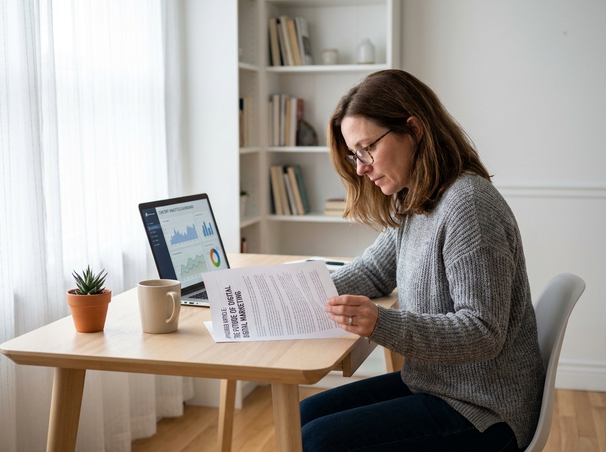 Femme professionnelle lisant un article sponsorisé sur son bureau à domicile avec un ordinateur portable