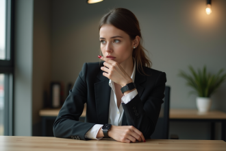 Jeune femme en costume regardant sa montre élégante
