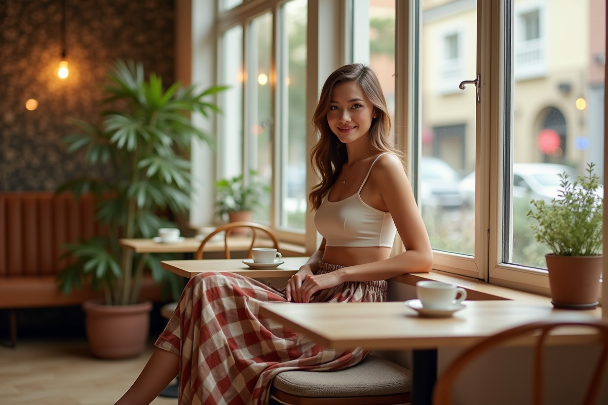 Femme élégante assise dans un café lumineux et cosy