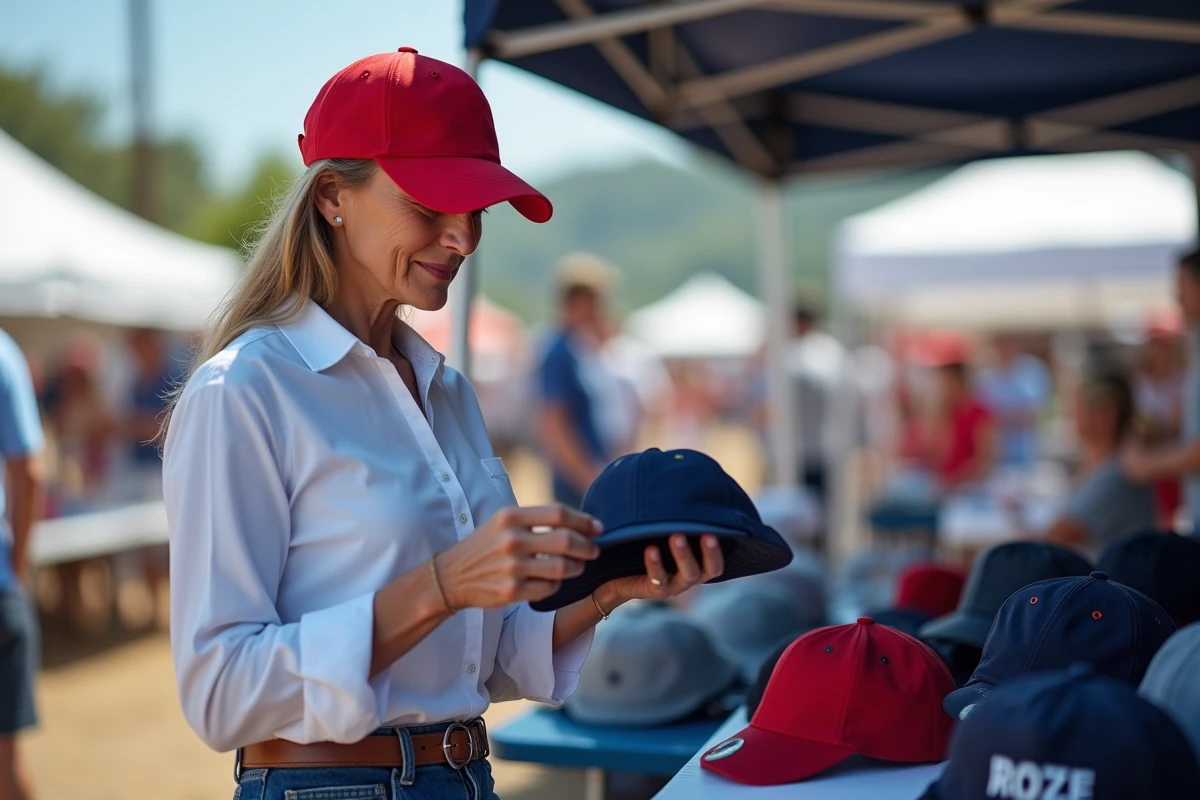 Femme examinant des casquettes de meeting politique sur un stand de merchandising lors d'un rassemblement américain