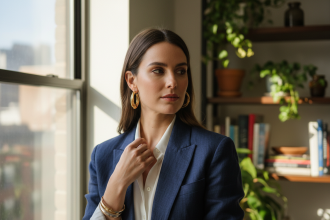 Femme élégante en blazer et blouse blanche dans un appartement lumineux