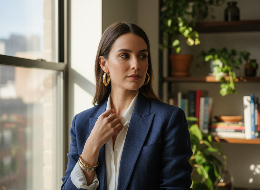 Femme élégante en blazer et blouse blanche dans un appartement lumineux