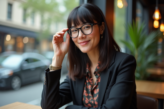 Femme élégante ajustant ses lunettes rectangulaires