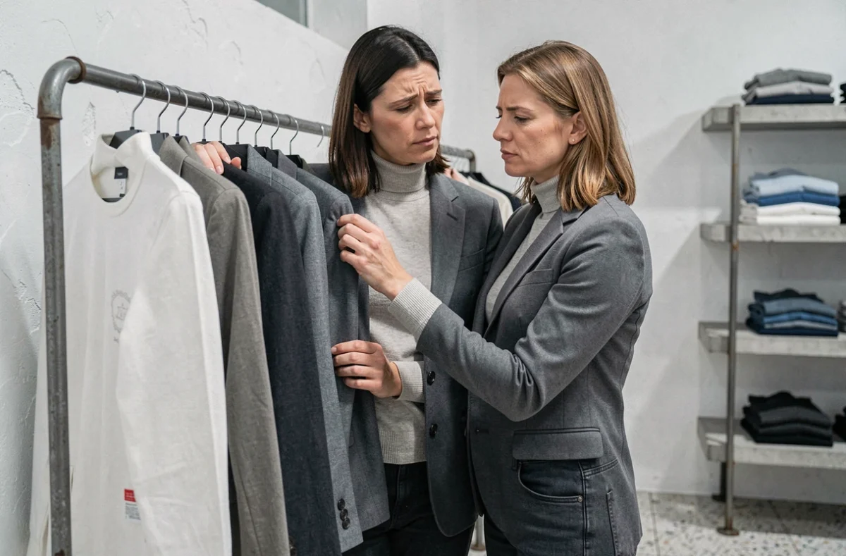 Femme choisissant un blazer dans une boutique minimaliste, reflétant la question du respect des règles de morphologie vestimentaire