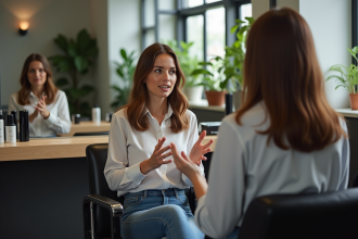 Femme parlant calmement avec son coiffeur dans un salon moderne