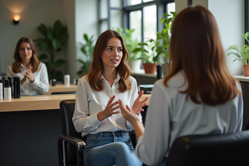 Femme parlant calmement avec son coiffeur dans un salon moderne