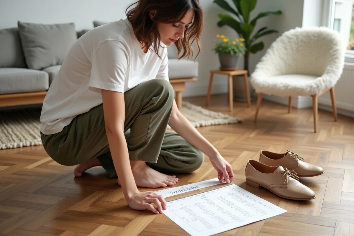 Femme comparant sa pointure sur un tableau de tailles imprimé entourée de chaussures Arche en cuir